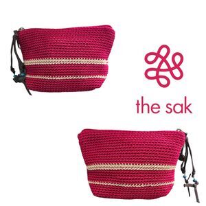 The Sak Crochet Makeup Bag Red Cosmetic Pouch Zip Top Boho Beaded Pull
